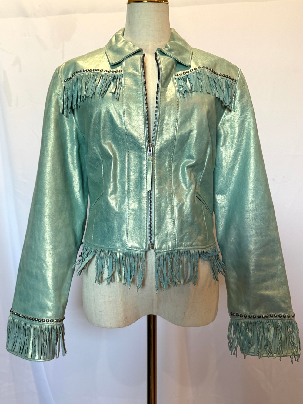 Double D Ranchwear Rare Fringed Metallic Mint Leather Jacket - Women's